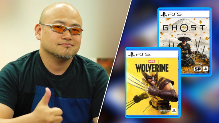Hideki Kamiya putting a thumbs up (left), Ghost of Yotei and Marvel
