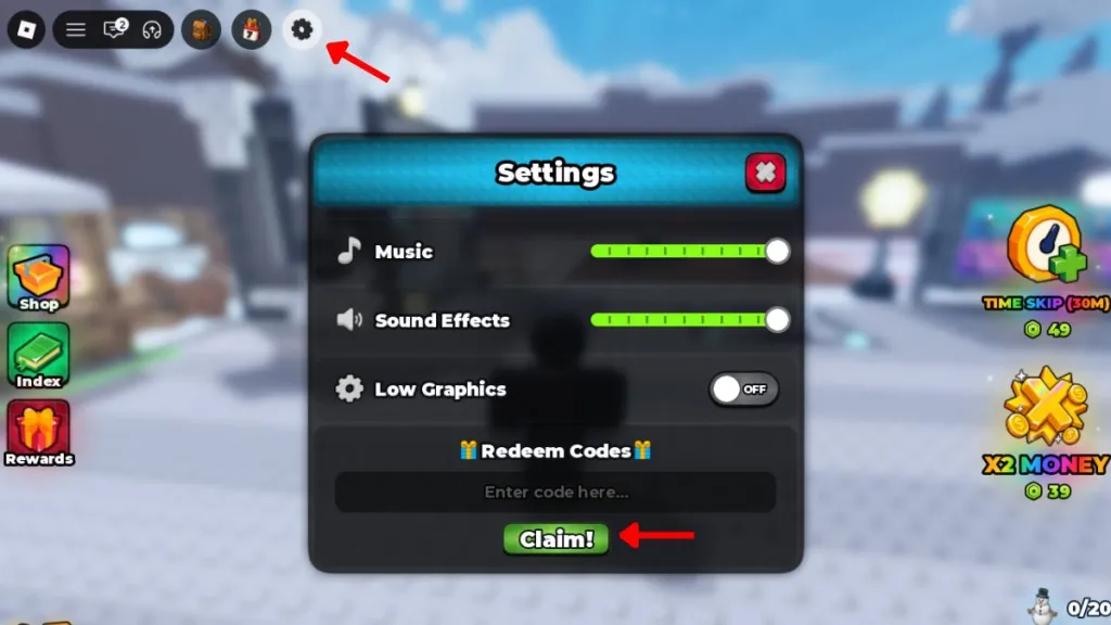 Schermata che mostra dove inserire i codici in Build a Golem su Roblox