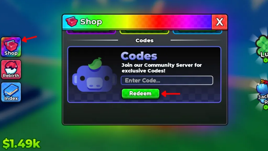 Schermata di sblocco dei codici in Anime Dice su Roblox