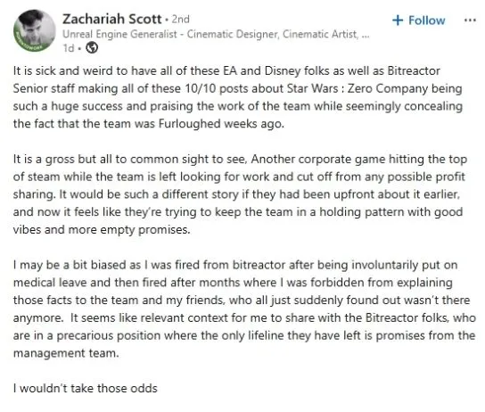 Zachariah Scott, sviluppatore di Star Wars Zero Company, su LinkedIn